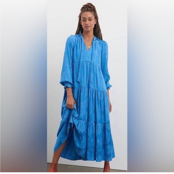 Anthropologie Dresses & Skirts - Maeve Anthropologie Textured Tiered Midi Dress XL Blue Boho Prairie Pockets